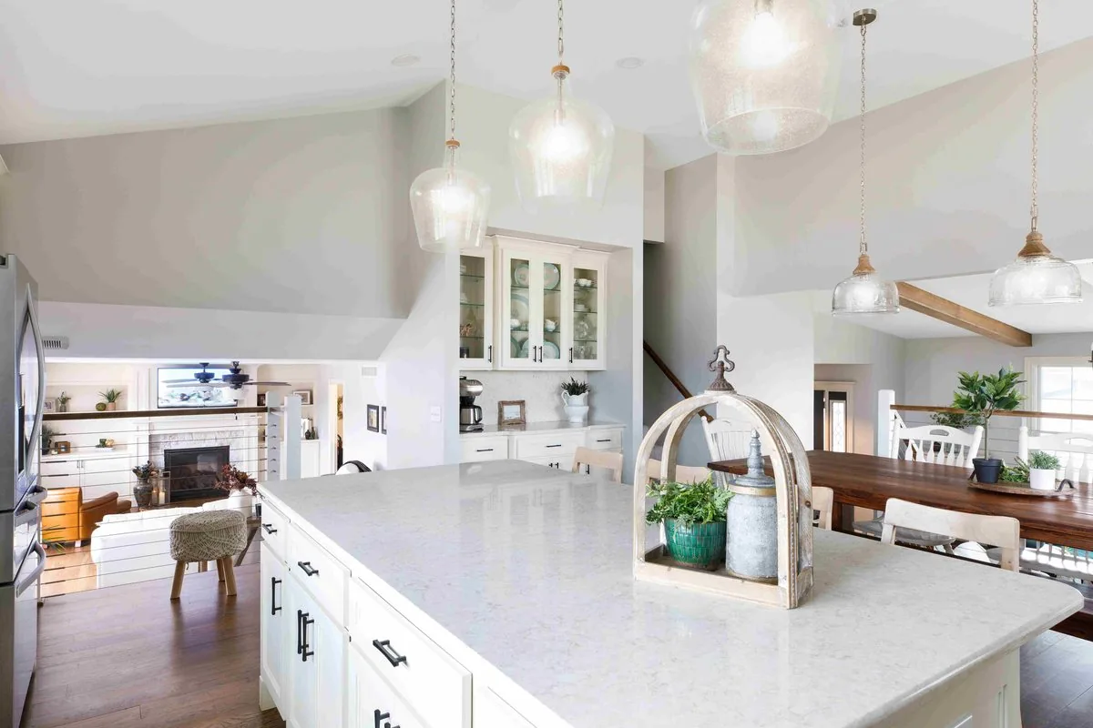 Farmhouse kitchen island with marble countertop